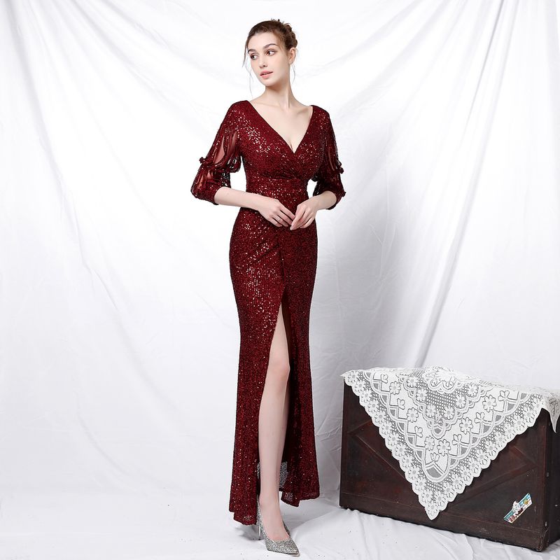 Women's Clothing Banquet Style Elegant Long Sleeves Sequinned Aura Queen Fishtail Evening Dress_voghion.com