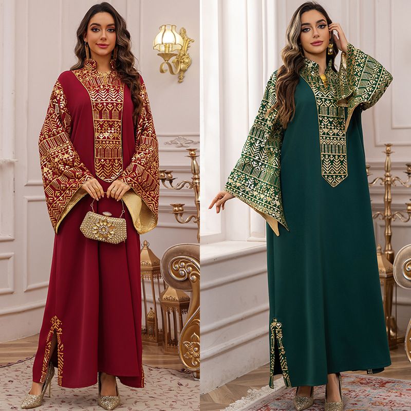 AB474 Elegantes muslimisches Abaya im Dubai-Stil mit aufgestickten Perlen und fließenden Ärmeln – schlichtes langes Kleid in Übergröße für Damen (Grün/Rot, S-XXL)_voghion.com