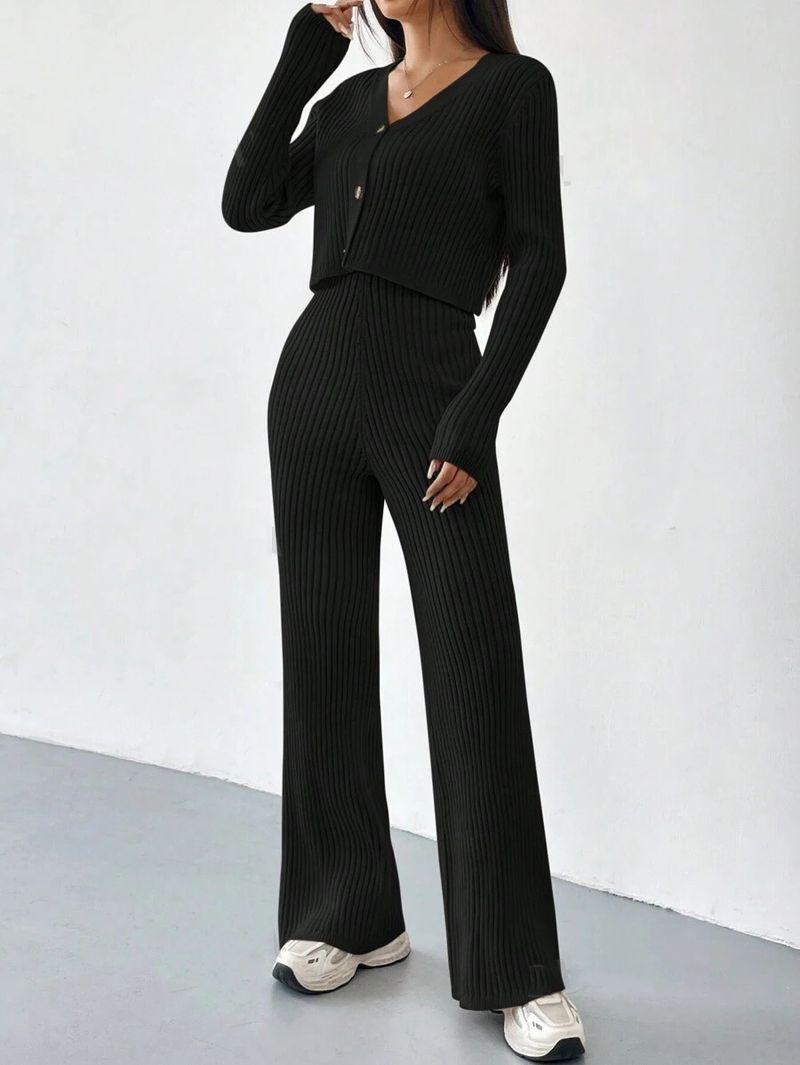 Korean-Style Knit Two-Piece Set – V-Neck Cropped Cardigan & Flared Pants (White/Beige/Grey/Black, S-L)_voghion.com