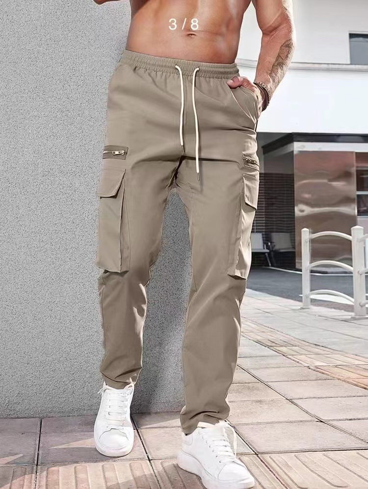 Ropa de hombre, pantalones cargo decorados con cremallera deportiva informal, pantalones con cordón en la cintura para hombres_voghion.com