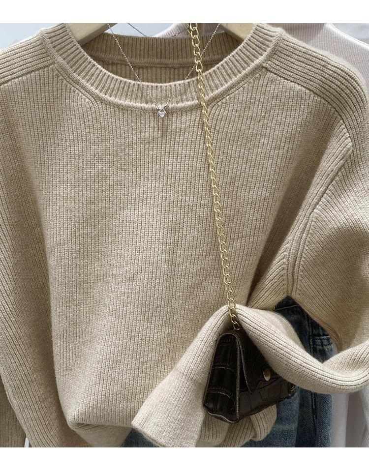 Pull oversize en tricot décontracté à manches longues et col rond pour femme, tissu chenille doux, style décontracté et chic, collection automne-hiver_voghion.com