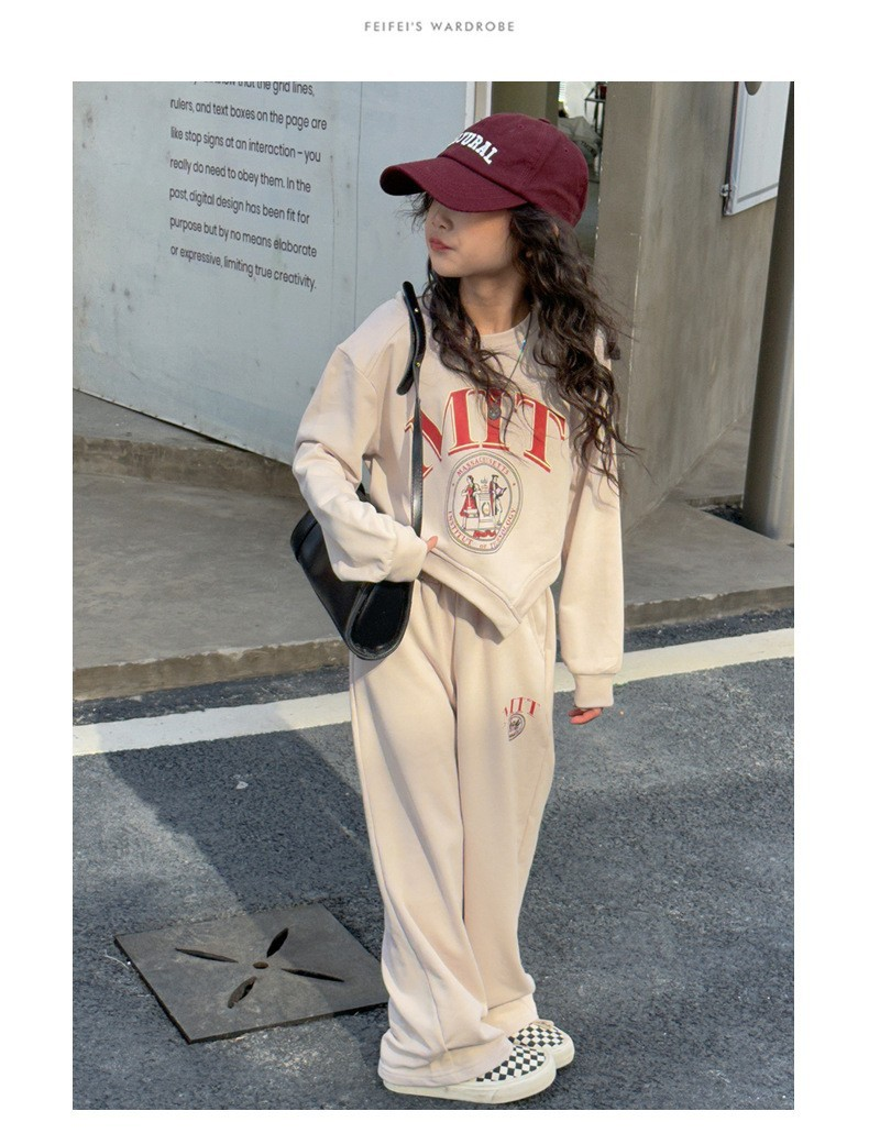 Maglione casual ampio da ragazza con lettere giocose top irregolare a maniche lunghe T pantaloni a gamba larga a tubo dritto in due pezzi_voghion.com