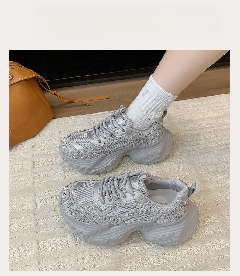 Autunno e inverno, nuove scarpe da ginnastica da donna traspiranti, casual, leggere e comode, con fondo spesso e strass in rete._voghion.com