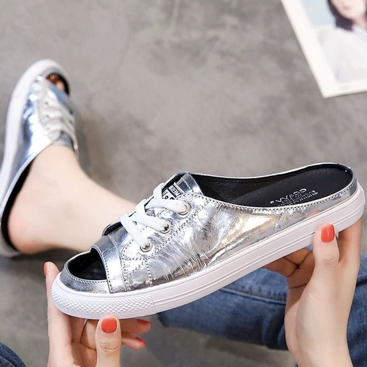 Ccvv Pantoufles en cuir véritable pour femmes 2024 Été Nouveau confortable et polyvalent Argent Demi-traîné Fond plat_voghion.com