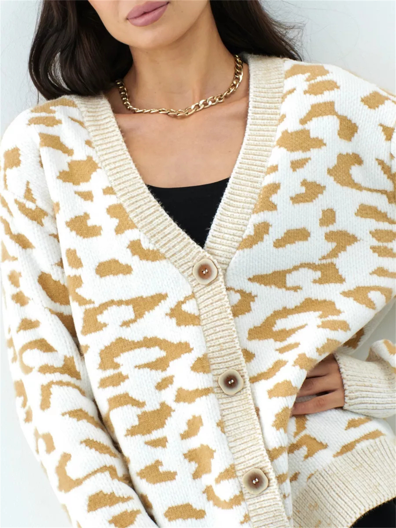 Cardigan tricoté imprimé léopard pour femme, veste pull à simple boutonnage, col en v, nouvelle collection automne et hiver_voghion.com