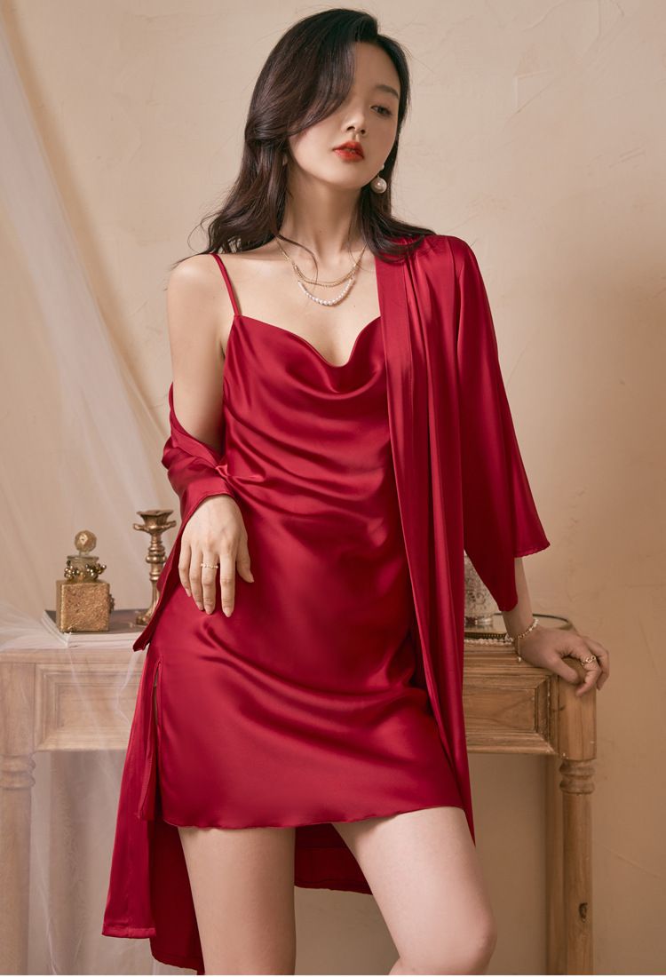 Camicia da notte a maniche lunghe in seta ghiacciata sexy primaverile ed estiva da donna, set da due pezzi, camicia da notte sottile e pura con imbracatura, camicia da notte di alta qualità_voghion.com