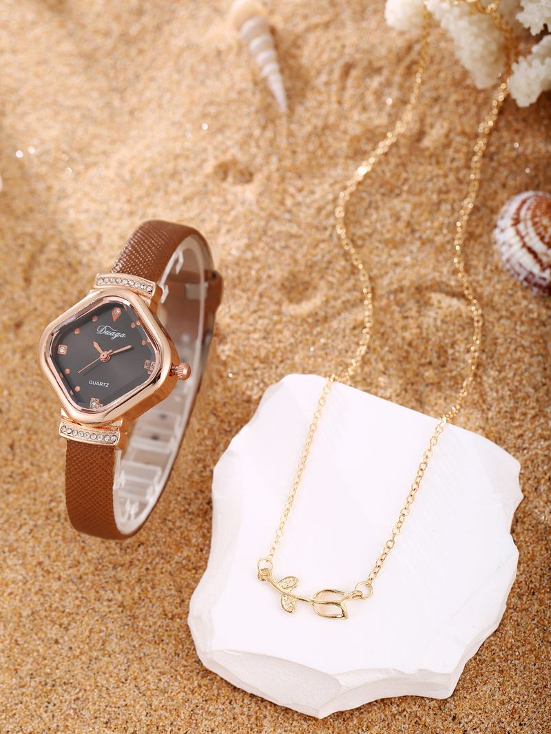 Damenuhr und Schmuckset, zartes süßes quadratisches Zifferblatt, Gürteluhr, Perlenarmband, Legierung, Schmetterlingsschmuckset_voghion.com