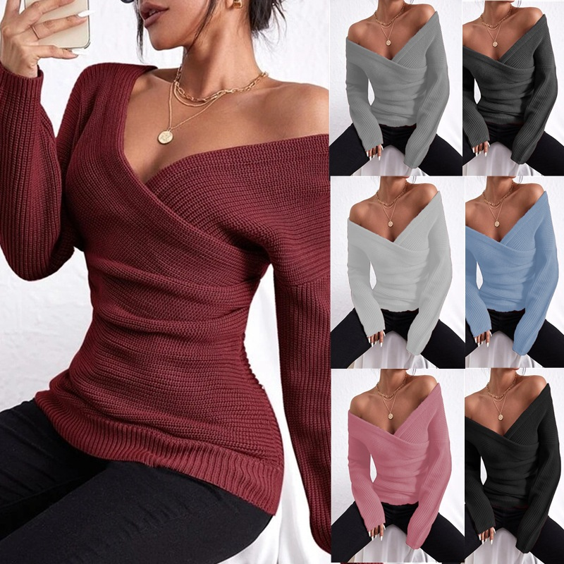 Damen Cross Slim Jacke Strickpullover Pullover Trägerloser Freizeitkleidpullover_voghion.com