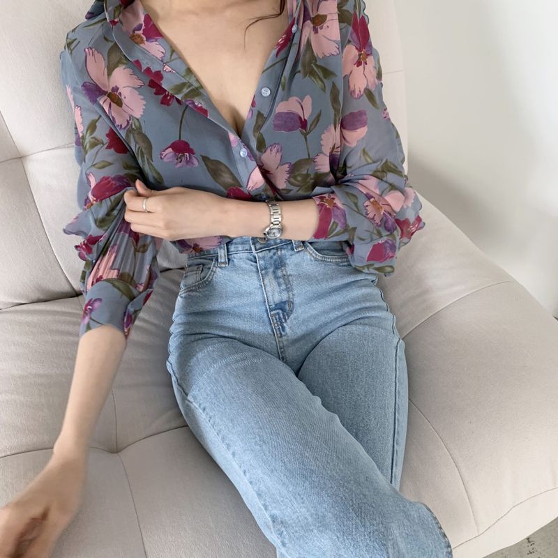 2024 spring/summer floral chiffon women's slim fit, simple and stylish long sleeved design_voghion.com