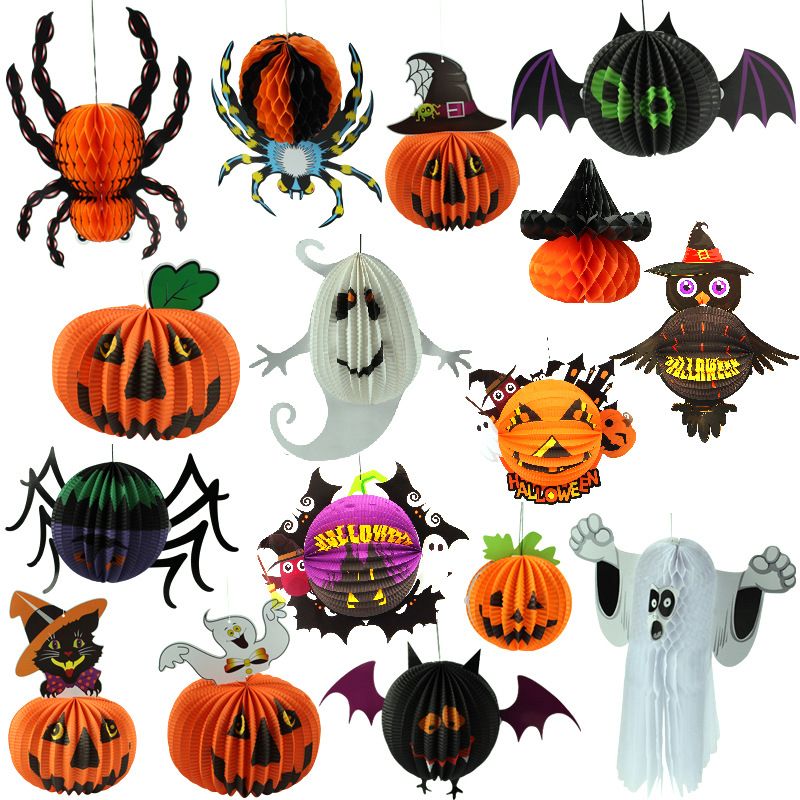 Forniture per decorazioni di Halloween, oggetti di scena, allestimento di scene, fantasmi, streghe, ragni, decorazioni sospese, zucche, lanterne di carta_voghion.com