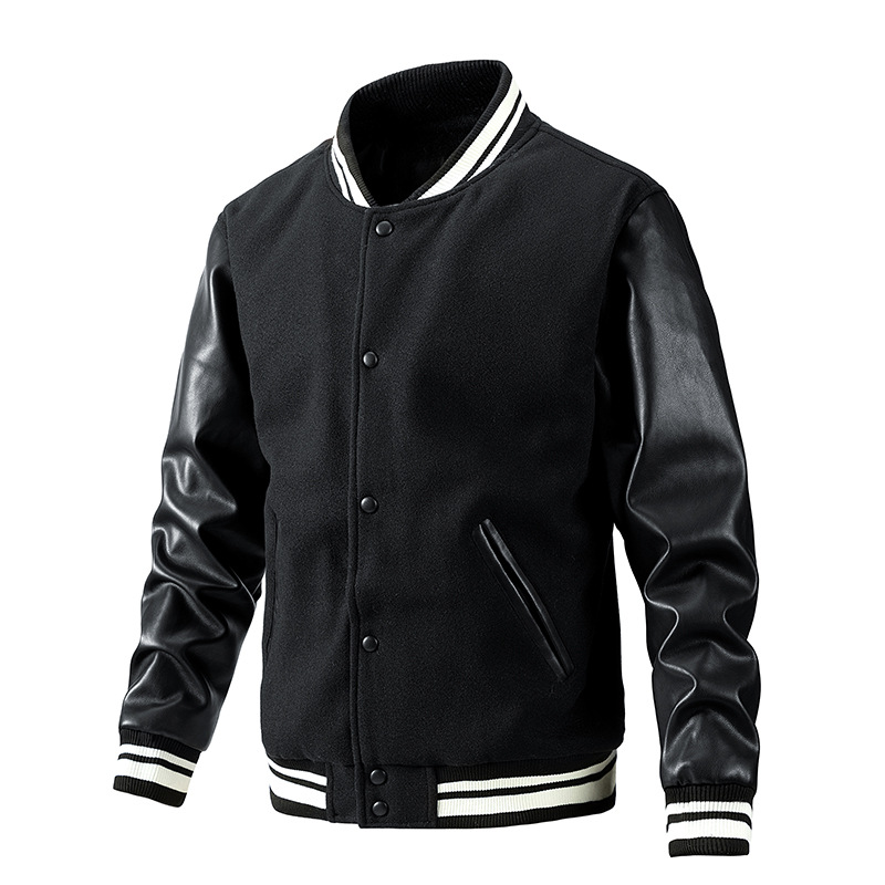 Herbst Winter Mode im amerikanischen Stil Baseballjacke Wolle PU Ärmel Mantel Casual Herrenbekleidung_voghion.com