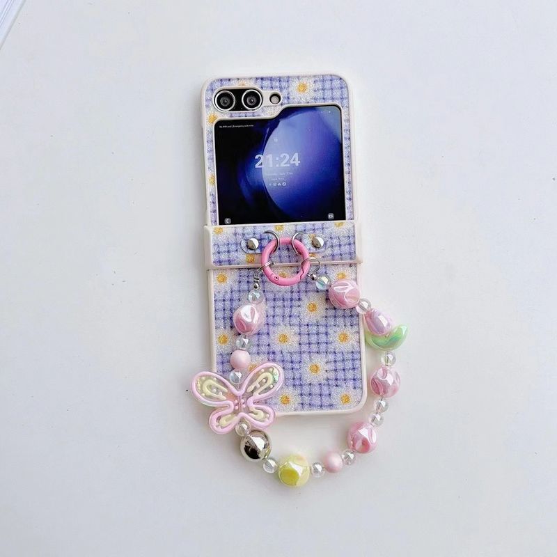 For Samsung Galaxy Z Flip 3 4 5 5G Flip4 Cute New Butterfly Flower Glitter Pearl Wrist Chain Strap Phone Case Cover_voghion.com