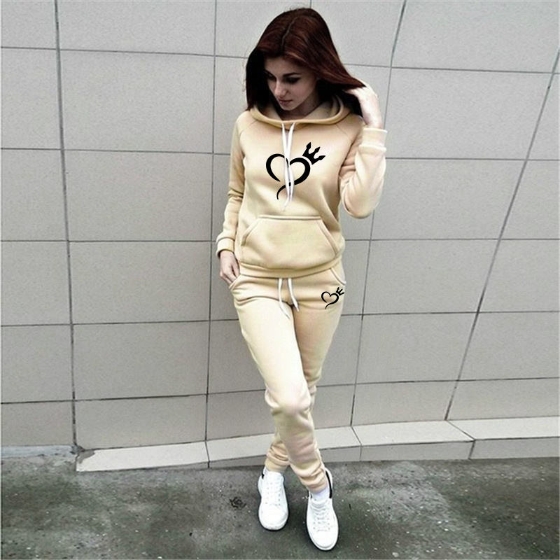 Set moda donna felpa con cappuccio e pantaloni LOVE Crown stampato felpa con cappuccio per ragazze + pantaloni da jogging_voghion.com