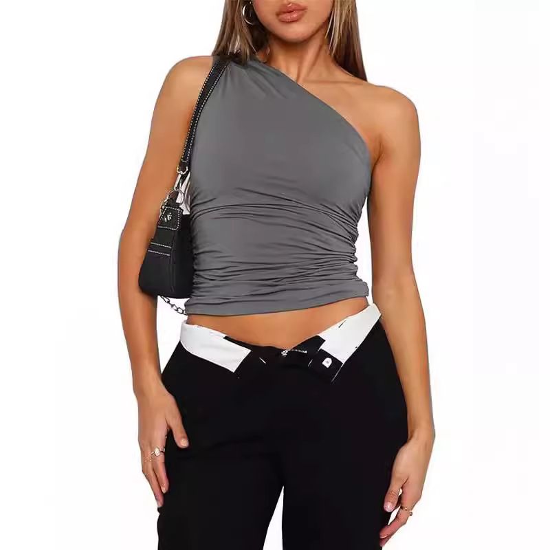 New Single Sexy Sloping Shoulder Women's Sleeveless Slim Fit Solid Color Vest Style Top_voghion.com