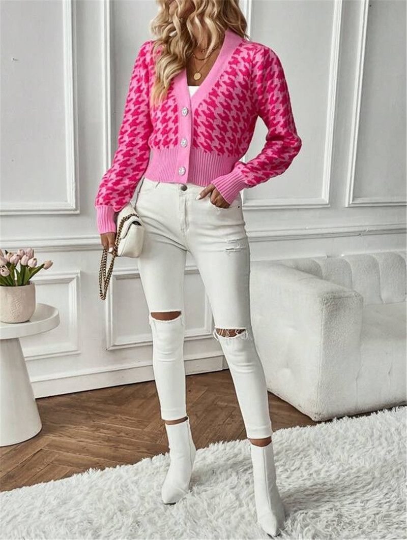 Dameskleding herfst en winter patroon lantaarn mouw gebreide cardigan trui korte jas_voghion.com