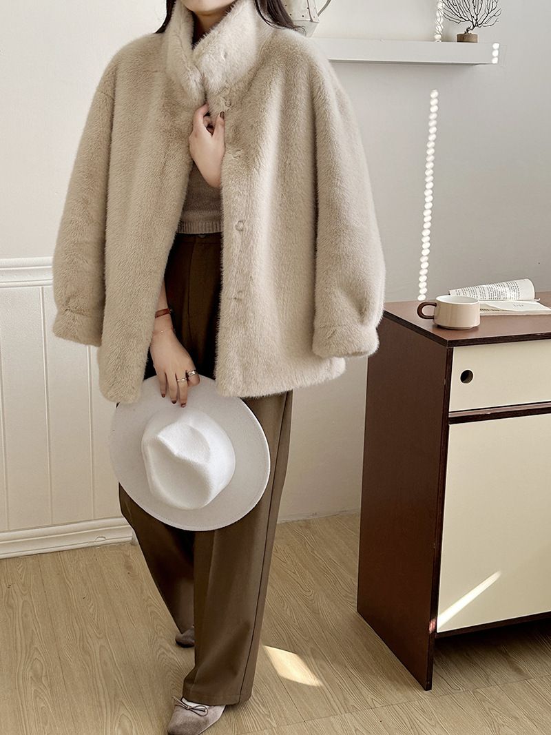 Luxury Faux Mink Coat – Windproof Stand Collar Winter Jacket, Snow-Like Plush Fur, Warm & Elegant For Women (Gray, White, Brown, Black, Beige)_voghion.com