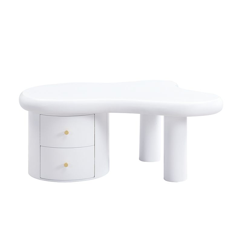 Table basse blanche moderne de forme irrégulière avec 2 tiroirs, design compact et élégant, robuste et pratique pour le salon et une utilisation polyvalente._voghion.com