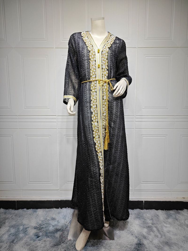 Completo da donna in due pezzi con ricamo a rombi caldi, alla moda, jalabiya saudita con cordino in vita_voghion.com