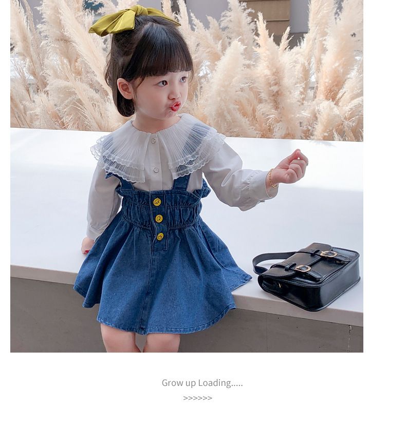Kinder Kleidung großhandel mädchen anzug herbst neue stil kinder nette große revers hemd plus denim overalls rock zwei stück anzug_voghion.com