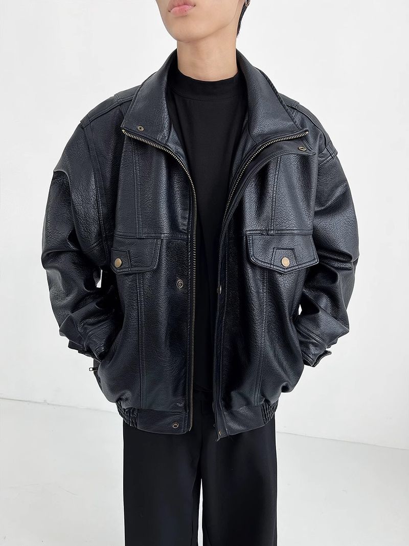 Herren Vintage Bikerjacke - Retro Bomberjacke aus PU-Leder mit geripptem Saum und Reißverschluss (Schwarz, M-3XL)_voghion.com