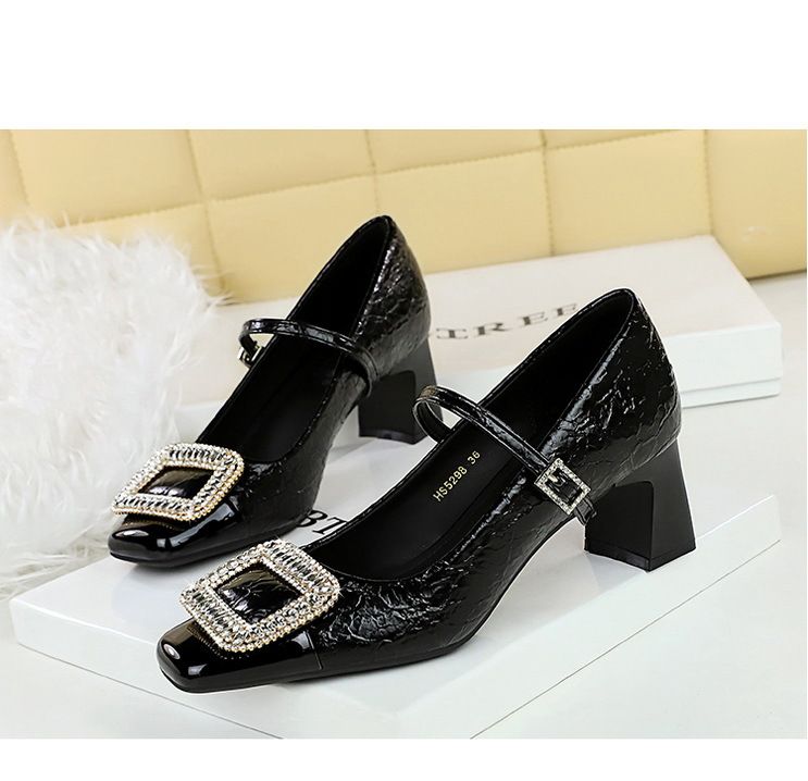 5298-K32 Scarpe da banchetto da donna con tacco medio grosso, punta quadrata, cinturino con fibbia in metallo con diamanti e bocca leggera, con blocchi di colore_voghion.com