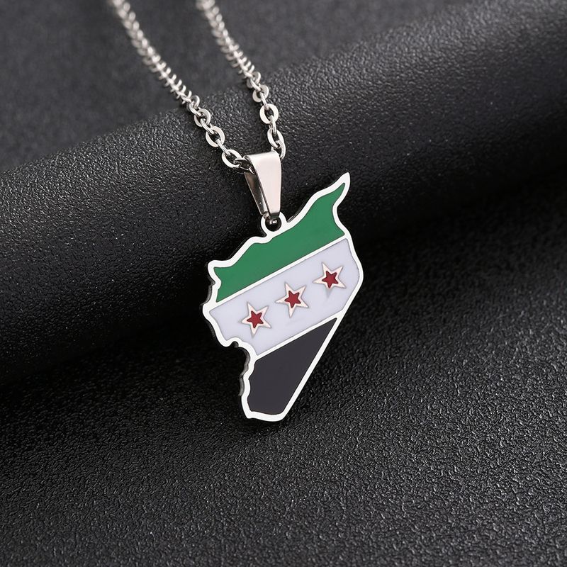 Stainless Steel Corrosion Dripping Oil Syria By Military Map And Flag Pendant Men's Retro Necklace_voghion.com