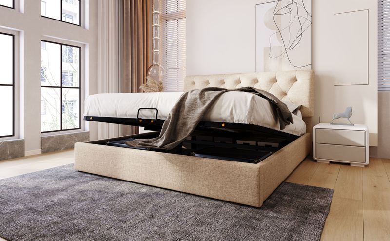 Cadre de lit king size rembourré hydraulique réglable 160 x 200 cm avec lattes métalliques, lit coffre moderne avec tête de lit réglable, design naturel, matelas non inclus_voghion.com
