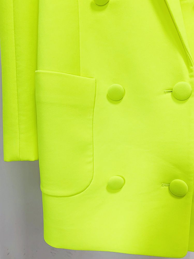 Roupas femininas em estoque, nova moda, personalidade, silhueta, encolher de ombros, trespassado, comprimento médio, paletó, amarelo fluorescente_voghion.com