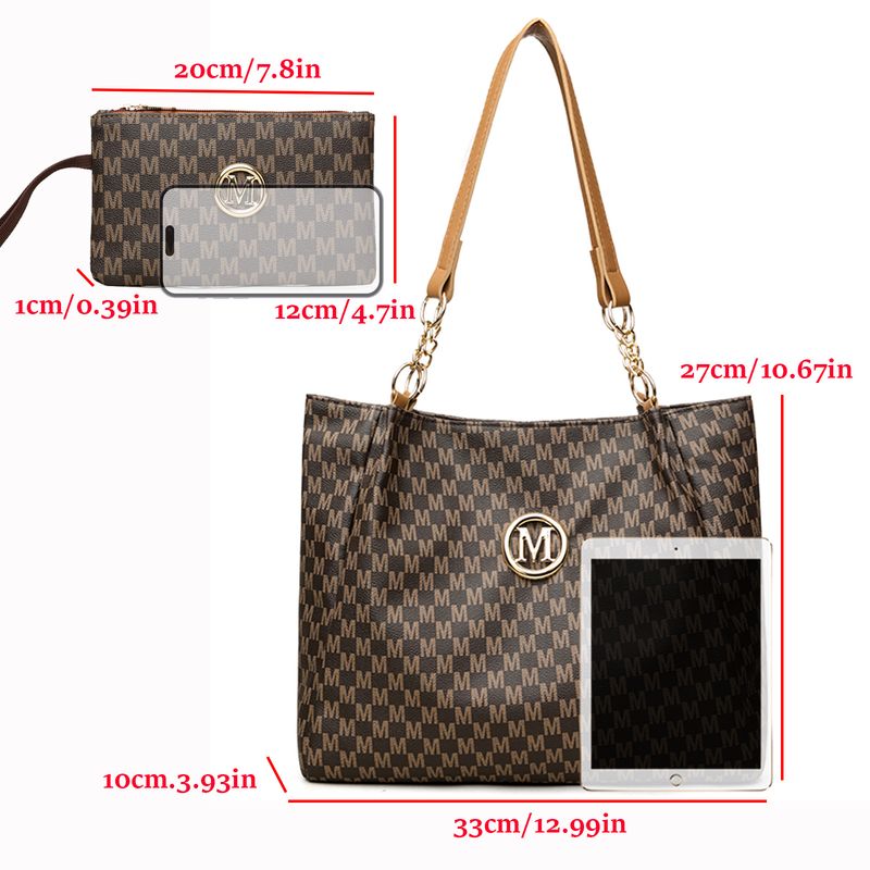 Stylish M-Print Tote & Clutch Bag Set With Chain Strap - Versatile PU Handbag Combo For Women (Black/Brown/White)_voghion.com
