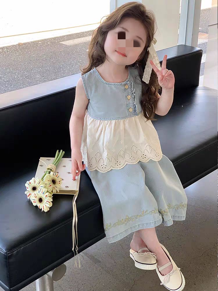 Abbigliamento per bambini Abbigliamento per ragazze Estate Nuova moda Gilet in denim con cuciture in pizzo e pantaloni dritti Set due pezzi_voghion.com
