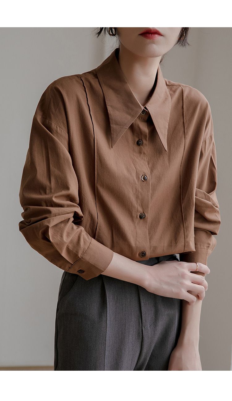 2025 Nvyis2025 Primavera Colletto a punta Un top in stile francese di nicchia, camicia casual ampia per donne con maniche lunghe_voghion.com