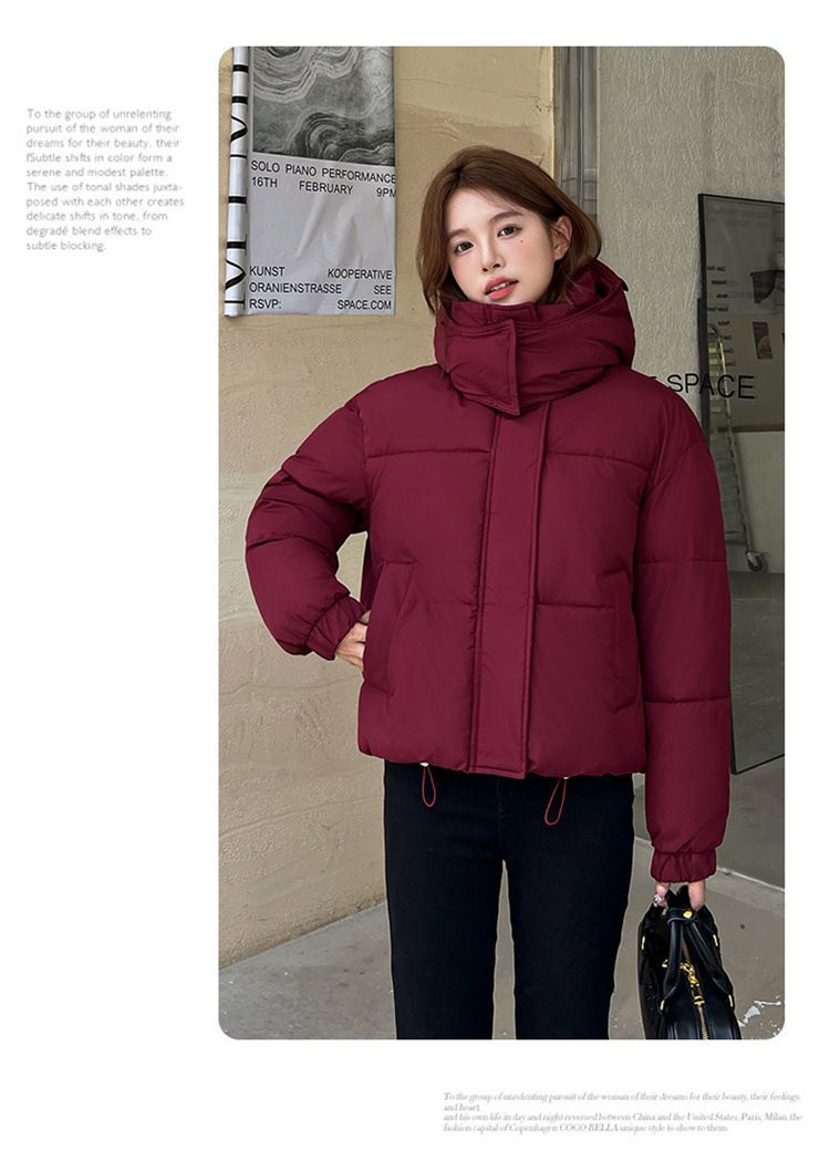 Jaqueta acolchoada com capuz feminina de inverno, casaco curto acolchoado com estampa 3D, estilo elegante para o dia a dia, leve e quente para mulheres pequenas_voghion.com