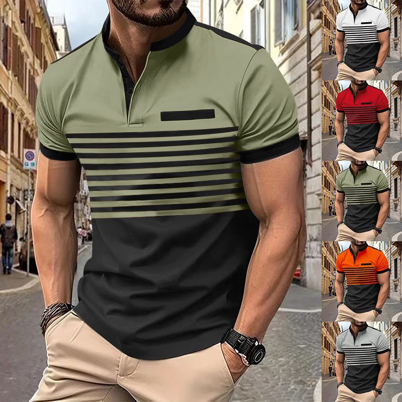 Polo da uomo a righe stampate con cerniera in saldo estivo 2024_voghion.com