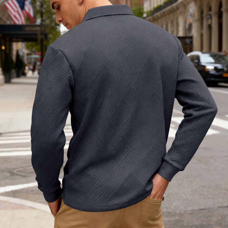 Langarm-Poloshirt mit strukturierten Streifen für Herren – Herbst-Strickoberteil mit entspannter Passform, asymmetrischem Design und knitterfreiem Stoff_voghion.com