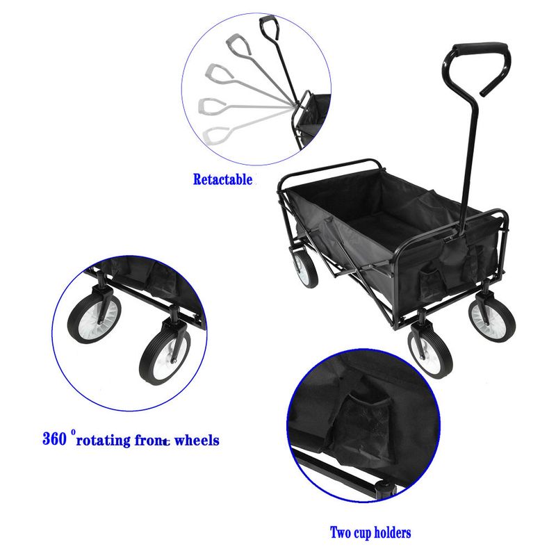 Folding Wagon Garden Shopping Beach Cart (Black)_voghion.com
