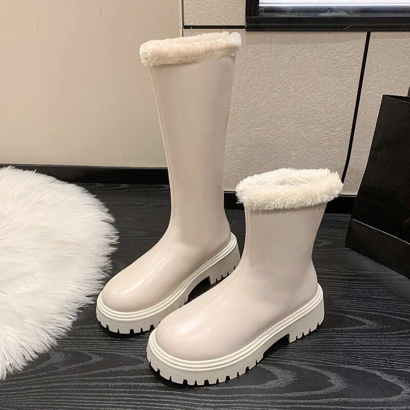 New Women's Leather High-top Snow Pile Warm And Comfortable Solid Color Boots, Fashion Boots_voghion.com