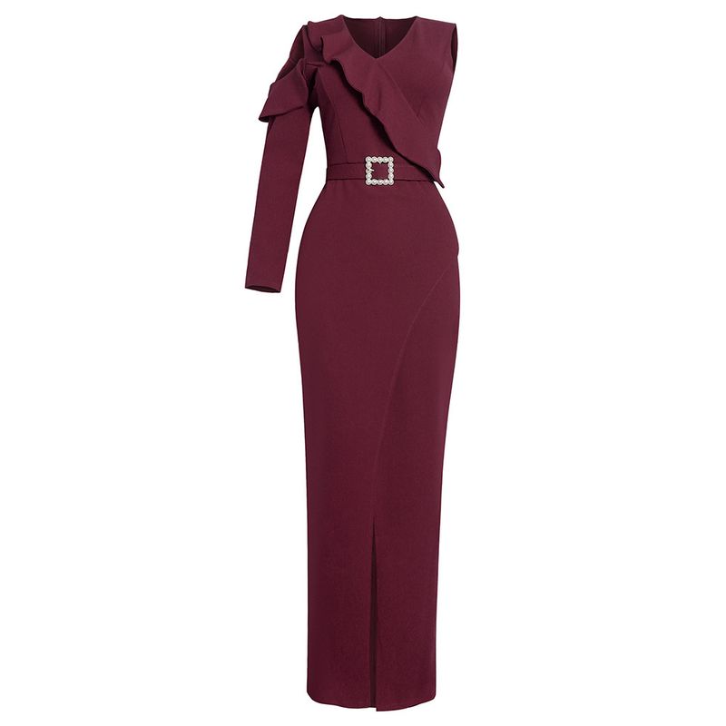 Vestido largo irregular ajustado de talla grande para mujer, vestido de un solo hombro, vestido largo musulmán_voghion.com