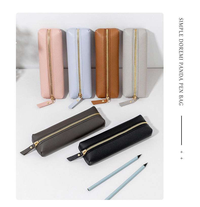 Estojo de couro simples para lápis, bolsa para armazenamento de canetas de escritório, caneta de assinatura, bolsa portátil com zíper à prova de vazamentos para artigos de papelaria_voghion.com