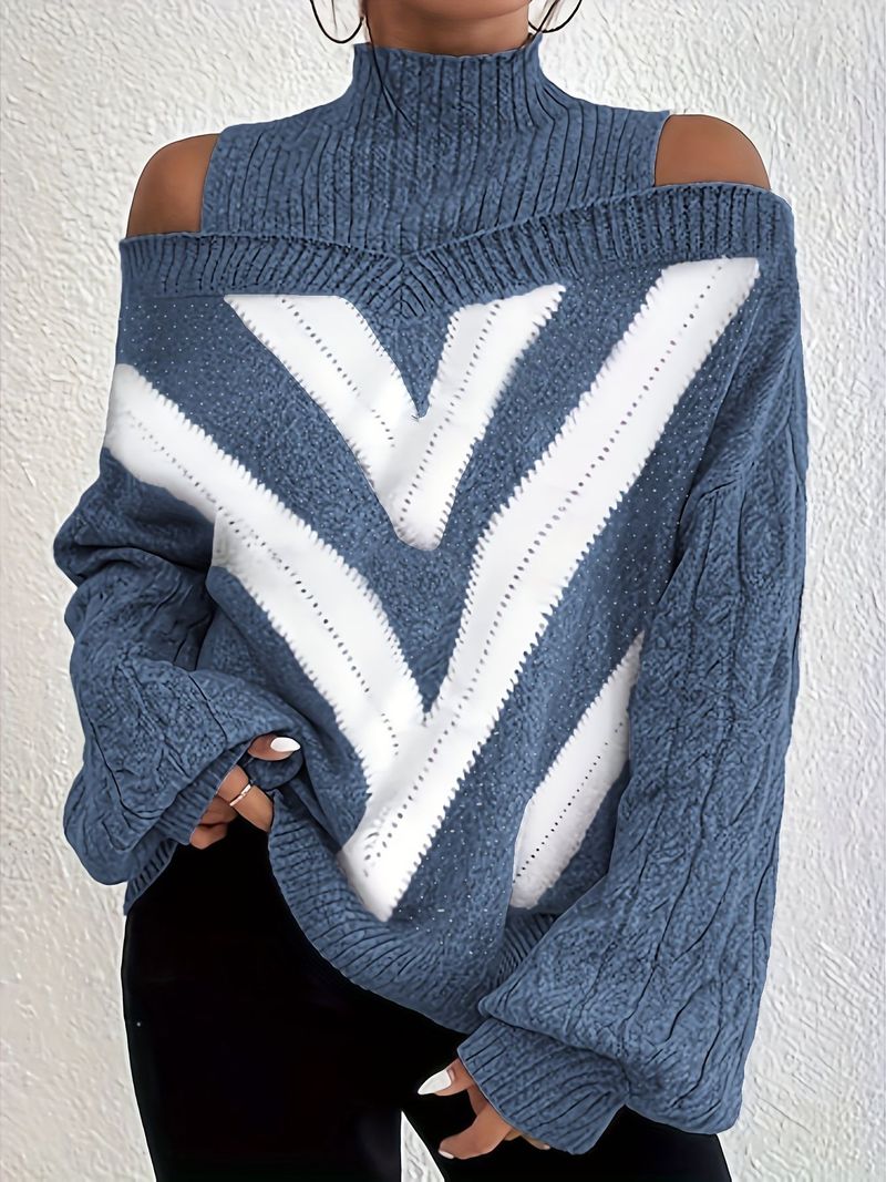 Women’s Oversized Geometric Color-Block Sweater – High Neck Long Sleeve Pullover With Relaxed Fit (Gray, Blue, 0XL-3XL)_voghion.com