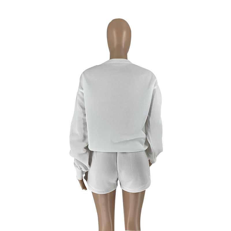 Women's fashion casual printed shorts two-piece set plus fleece long-sleeved hoodie set_voghion.com