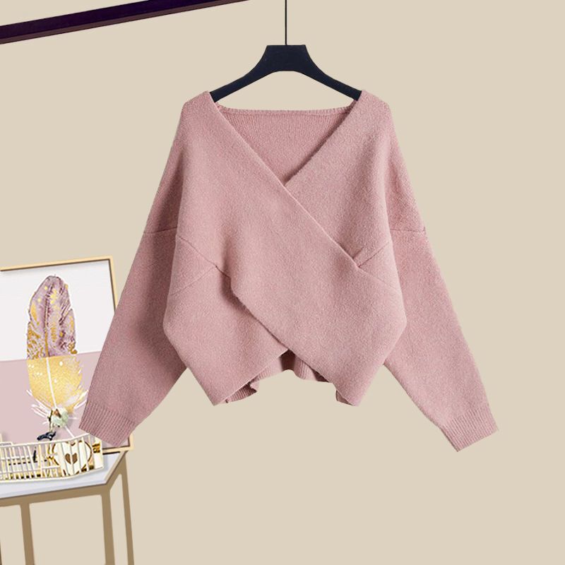 Ensemble 2 pièces élégant pull croisé et robe noire amincissante – Tenue printanière polyvalente pour femme (plusieurs coloris disponibles)_voghion.com