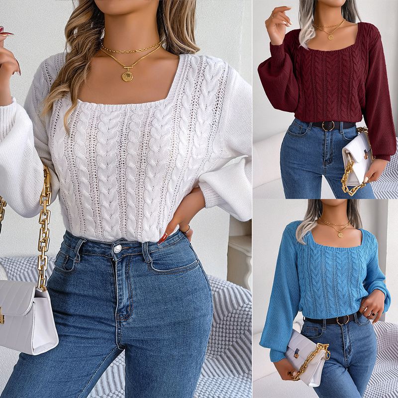 Maglione pullover casual con scollo quadrato e maniche a lanterna in maglia a trecce, moda femminile per autunno e inverno_voghion.com