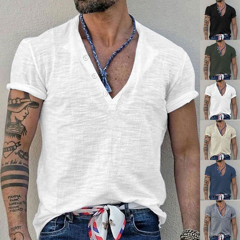 2024 Summer New Men's Bamboo Knot Henry Button Casual Solid Color Slim Fit Short Sleeve T-Shirt_voghion.com
