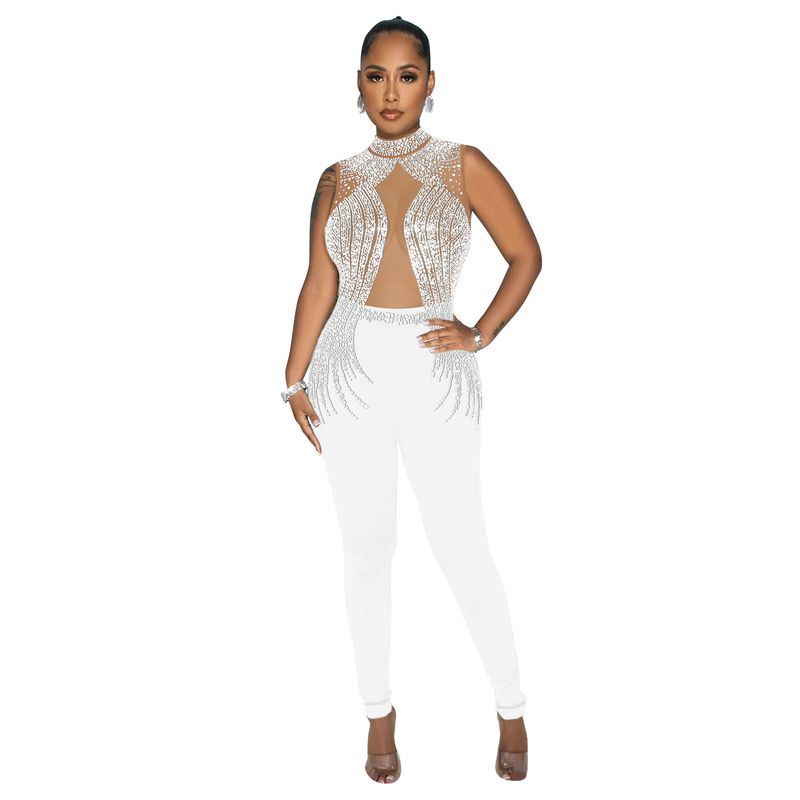 Vêtements pour femmes mode femmes couleur unie maille presse perceuse sans manches pantalon combinaison_voghion.com