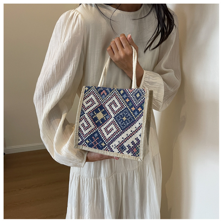 Ethnic Style Canvas Bag for Women, New Fashion for Going Out, Portable Linen Lunch Box, Bento Bag, Hand-held Mommy Bag_voghion.com
