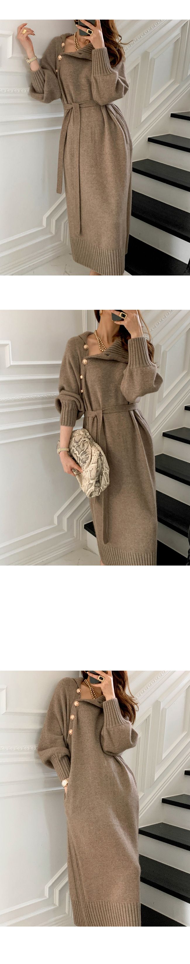 Abbigliamento da donna, abito lavorato a maglia con lacci in vita, maglione lungo versatile a collo alto dimagrante e sciolto per donna_voghion.com