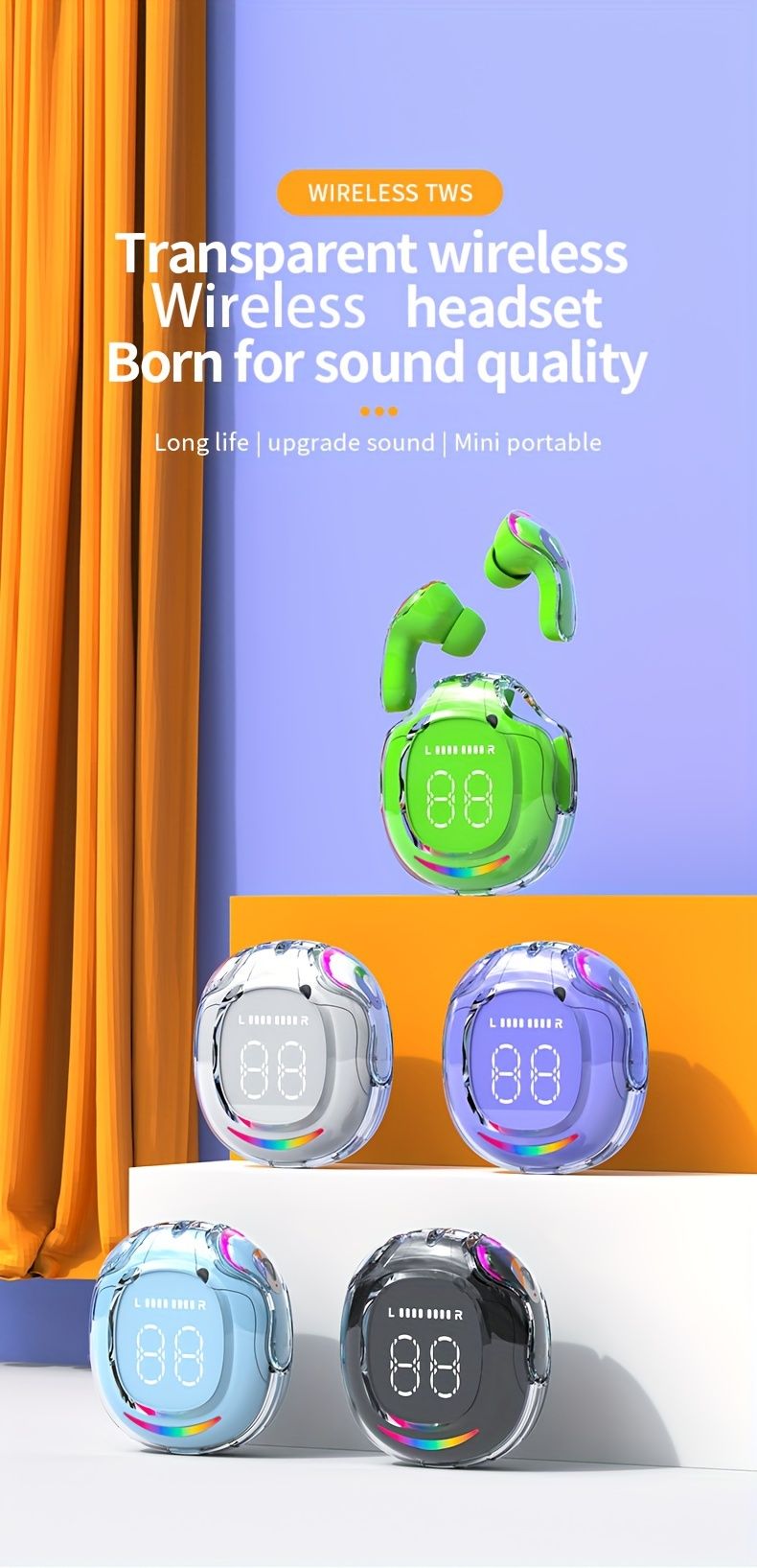5.4 Wireless Earbuds Built-in Ambient Lighting Sports Gaming Bass Touch Control Headset Digital Display_voghion.com