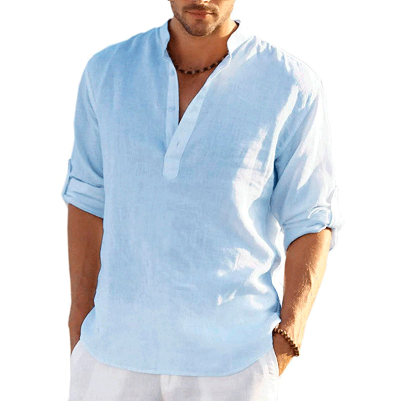 Men's New linen long-sleeved T-shirt loose undershirt solid color long-sleeved cotton and linen shirt_voghion.com