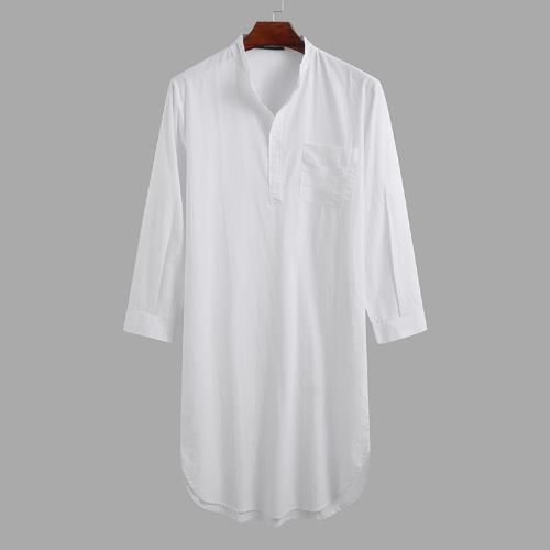 Túnica musulmana para hombre, de manga larga, con botones, color liso, estilo árabe, estilo retro._voghion.com