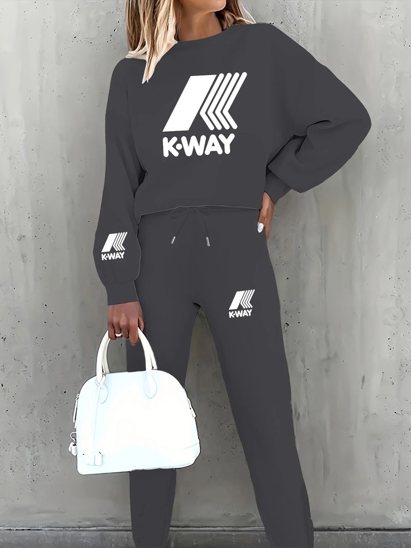 Tuta da donna stampata in due pezzi, con maglia a maniche lunghe e pantaloni con coulisse in vita, abbigliamento sportivo casual per primavera e autunno._voghion.com